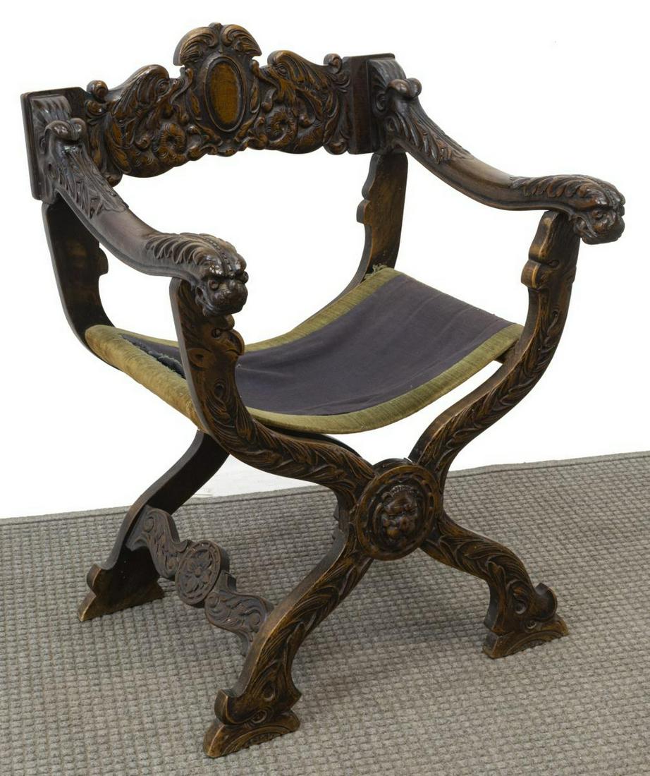 RENAISSANCE REVIVAL CARVED WALNUT CURULE ARMCHAIR (1 of 3)