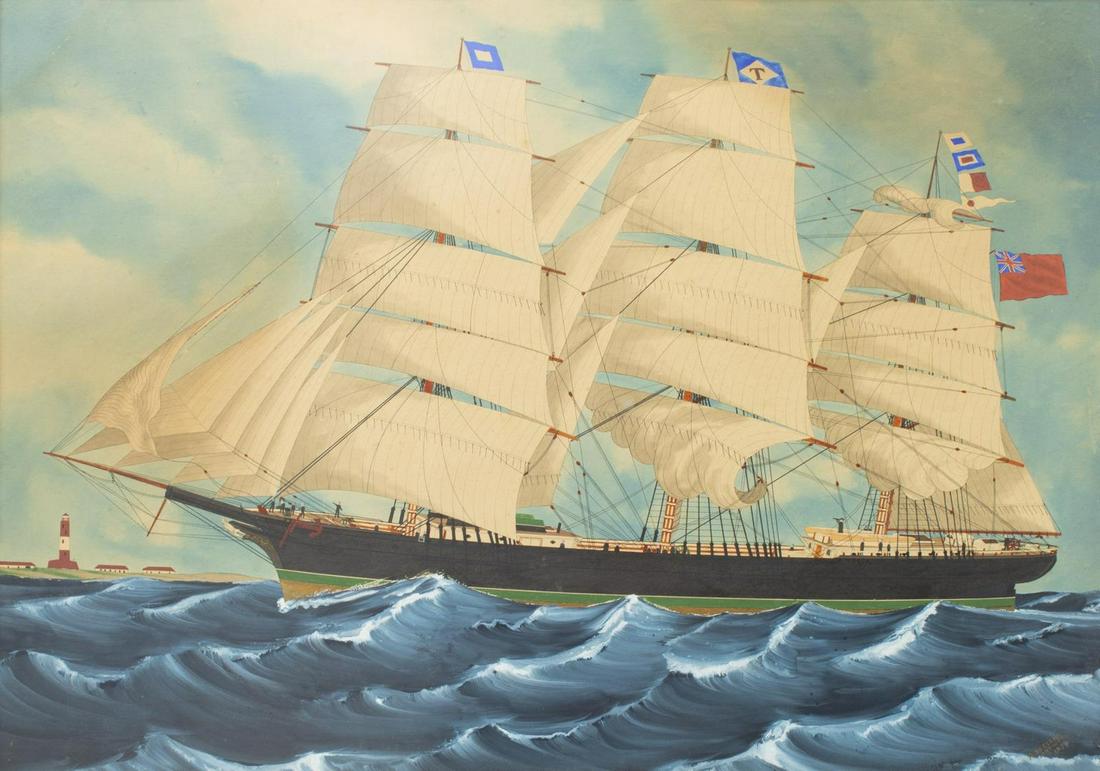 ASTRIDUS AMANDUS DE CLERCK (D.1889) BRITISH SHIP: Framed watercolor and gouache painting on paper, British Ship J.V. Troop Flying Red Ensign, signed lower right A. De Clerck (Astridus Amandus De Clerck, 1841-1889), Antwerp, 1879, sight: approx 22"h,