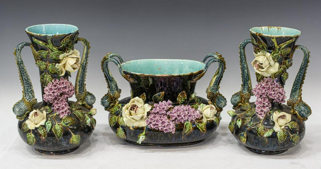 (3) FRENCH BARBOTINE MAJOLICA JARDINIERE & VASES (1 of 6)