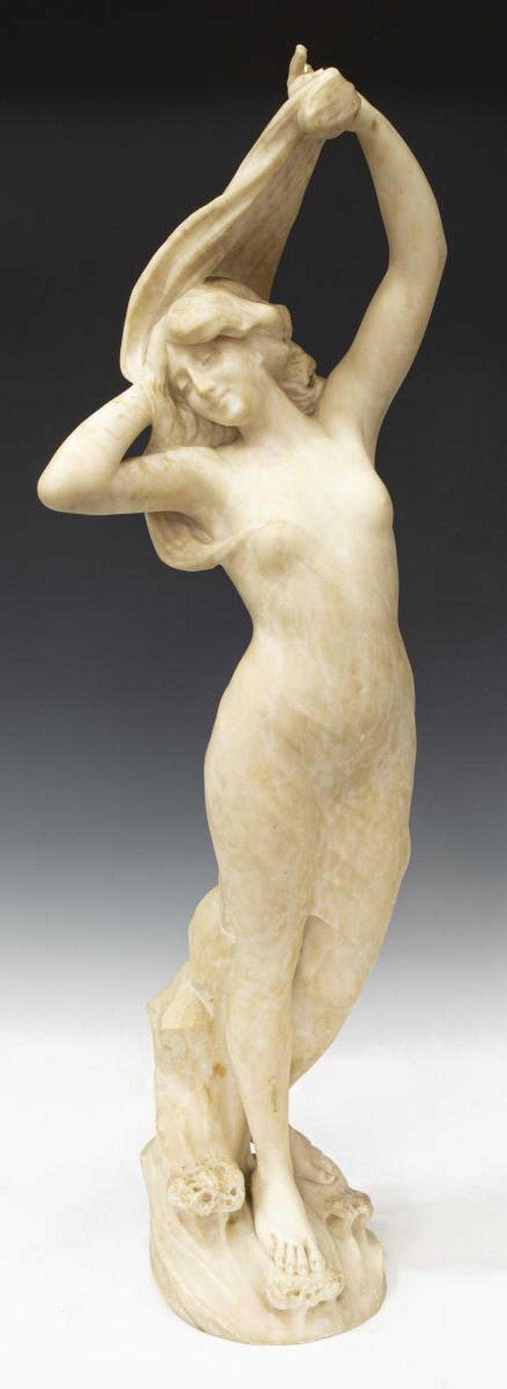 E. BATTIGLIA CARVED ALABASTER NYMPH SCULPTURE: Art Nouveau carved alabaster sculpture, Water Nymph, signed E. Battiglia (Italian, 19th/ 20th c.), depicting a nude female figure with draped cloth, standing above cresting waves, loss to finger, appr