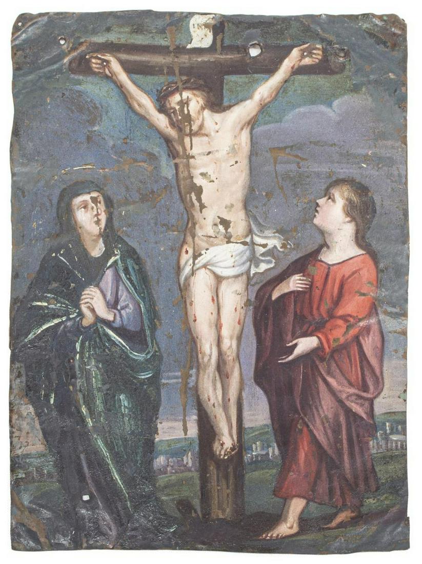 CONTINENTAL SCHOOL OIL PAINTING COPPER CRUCIFIXION: Unframed Continental School oil retablo painting on copper panel, Crucifixion of Christ with Saint Mary and Saint John, paint loss, approx 8.5"h, 6 1/8"w, 0.25lbs Start Price: $100.00
