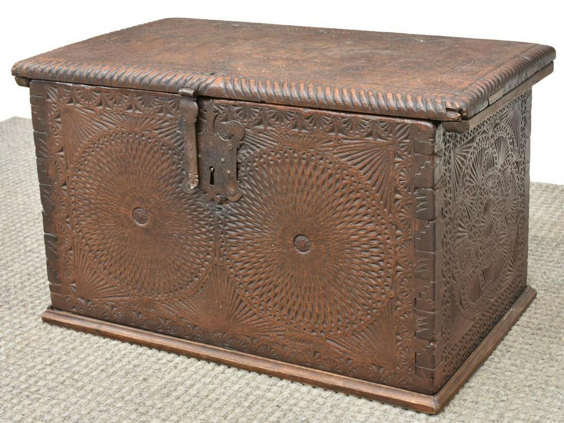 SPAINISH CARVED & INSCRIBED CAPTAINS CHEST, C.1690 (1 of 7)