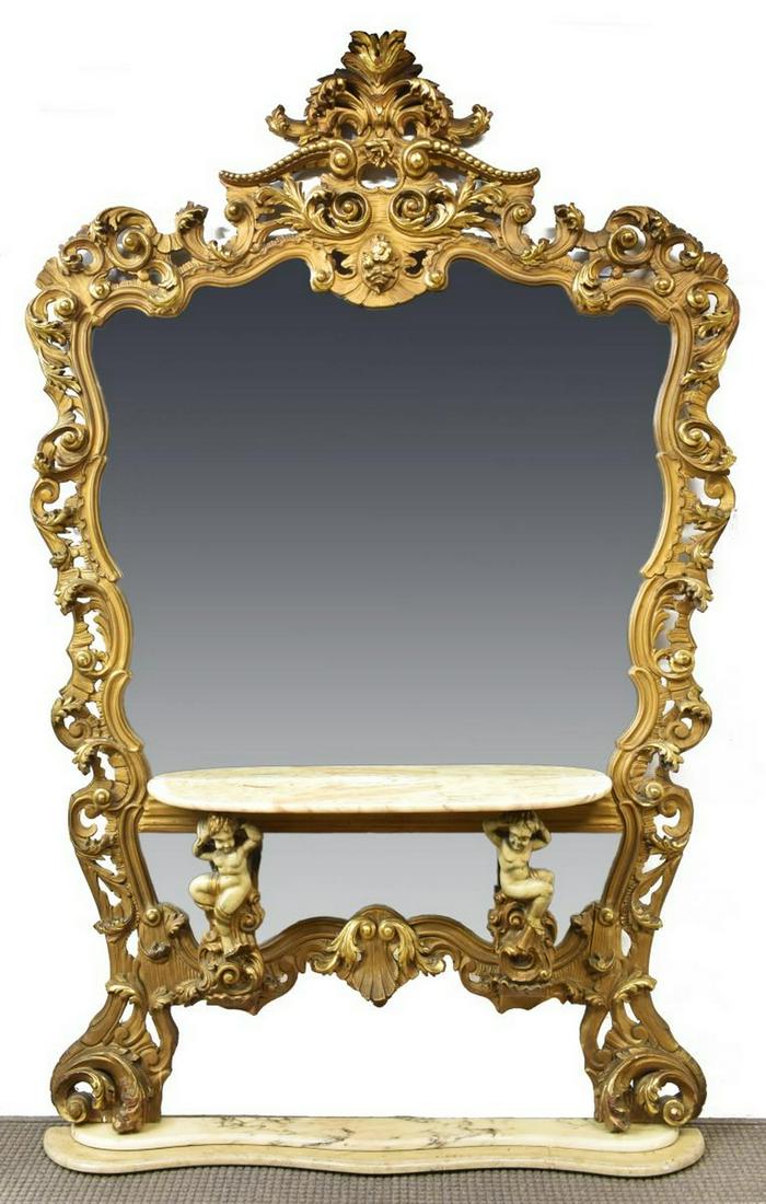 ORNATE ITALIAN FIGURAL MIRRORED GILTWOOD CONSOLE (1 of 4)