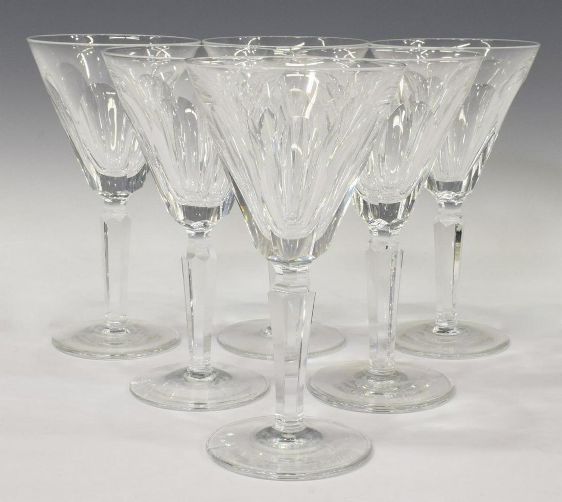 (6) WATERFORD 'SHEILA' CRYSTAL CLARET WINE GLASSES: (lot of 6) Waterford "Sheila" crystal claret wine glasses, with cut paneled bowl, on a multi-sided stem, acid etched mark underfoot, approx 6.5"h, 3.5"diam; 3.75lbs total Start Price: $80.00