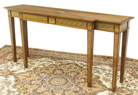 DAVID LINLEY (B.1961) BREAKFRONT CONSOLE TABLE: Modern breakfront console table, David Linley (British, b.1961), late 20th c., parquetry top over apron with stained marquetry stylized waves and seashells, two frieze drawers, rising on tapered squar