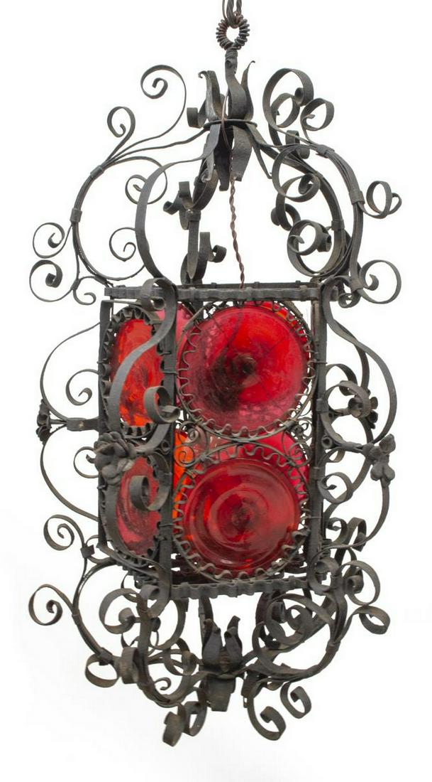 WROUGHT IRON & BULLSEYE GLASS HANGING LANTERN (1 of 1)
