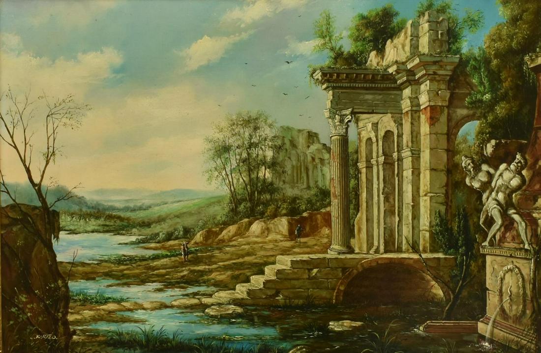 FRAMED ARCHITECTURAL RUINS PAINTING SIGNED K. RIZO (1 of 4)