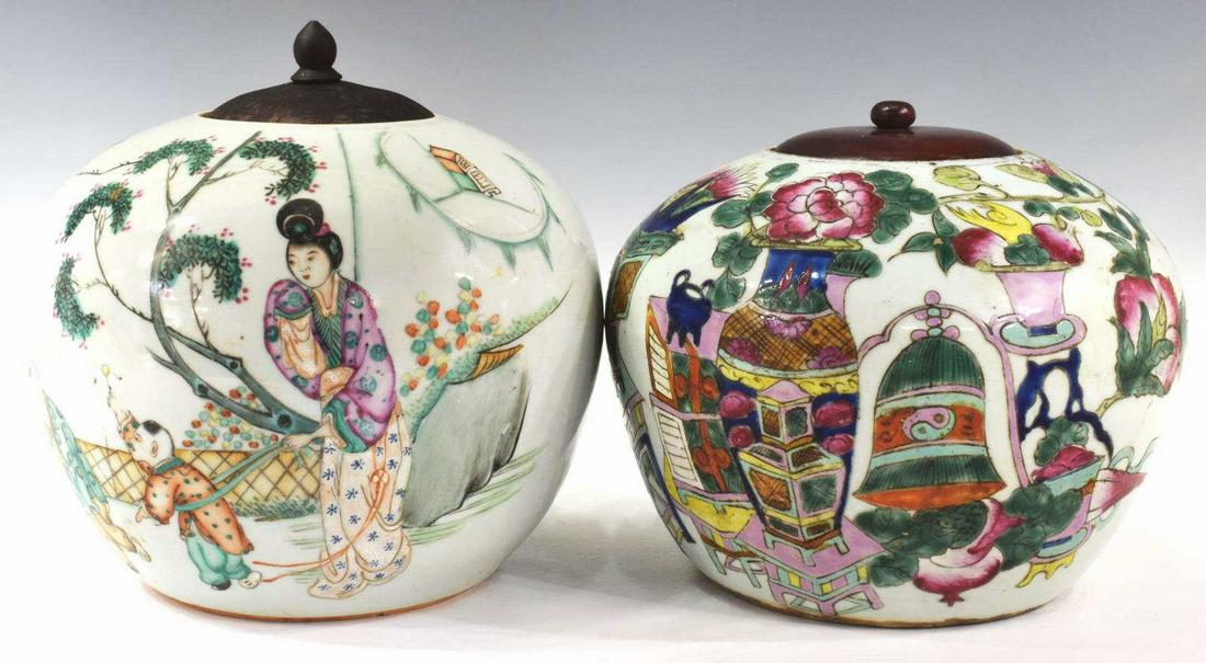 (2) CHINESE PORCELAIN FLORAL & FIGURAL MELON JARS (1 of 3)