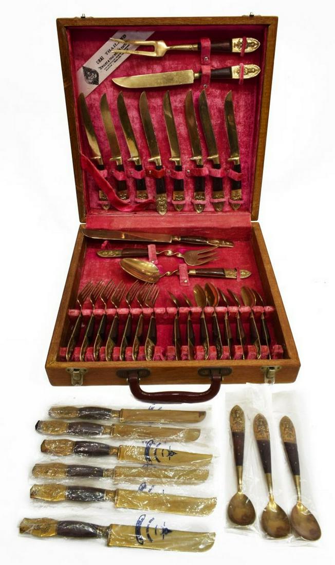 (37) URAI THAILAND BRASS & WOOD FLATWARE SET (1 of 5)