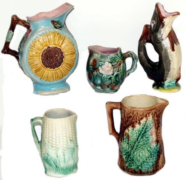 COLLECTION OF ANTIQUE MAJOLICA, SUNFLOWER, FISH