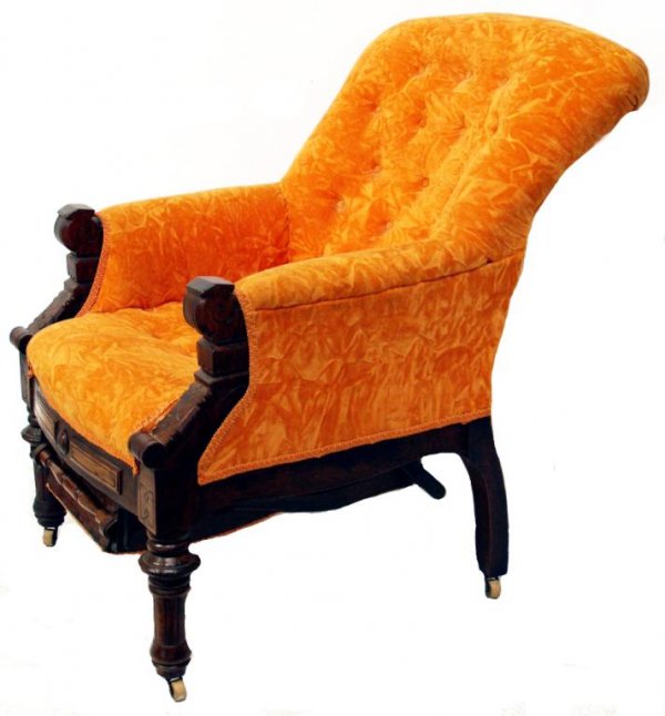 VICTORIAN WALNUT LOUNGE CHAIR WITH FOOT REST, 1871