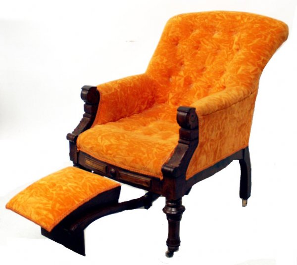 VICTORIAN WALNUT LOUNGE CHAIR WITH FOOT REST, 1871 - 2