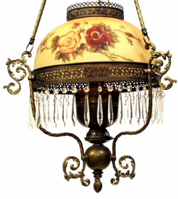 VICTORIAN STYLE HANGING LIBRARY LAMP PAINTED SHADE - 2