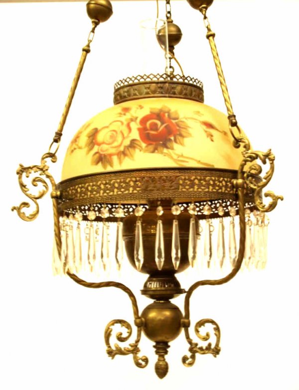 VICTORIAN STYLE HANGING LIBRARY LAMP PAINTED SHADE - 4