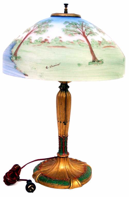 ROYAL ART GLASS CO GILT TABLE LAMP REVERSE PAINTED