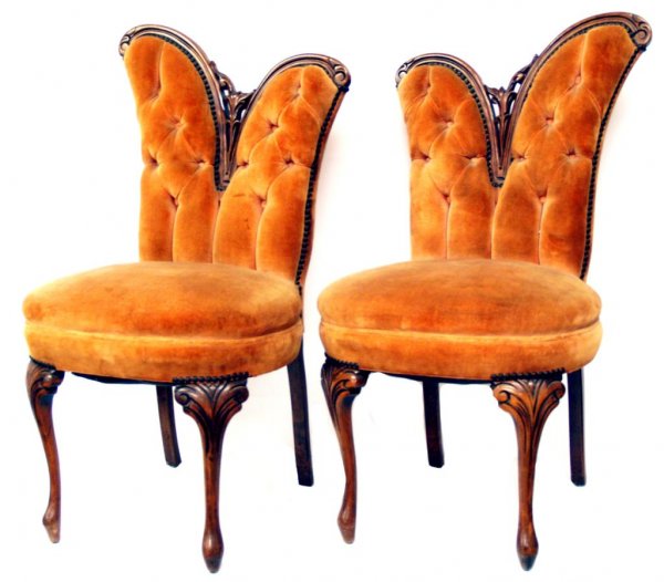 ANTIQUE AMERICAN CARVED WALNUT FIRESIDE CHAIRS
