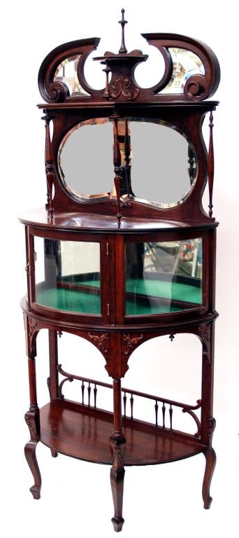 ENGLISH CARVED MAHOGANY MIRRORED ETAGERE DISPLAY 