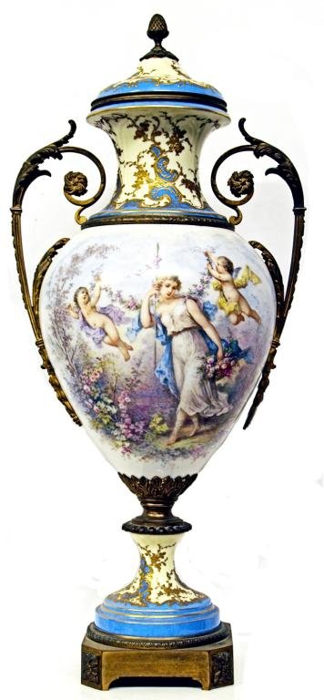 LARGE SEVRES STYLE PORCELAIN & BRONZE PAINTED URN