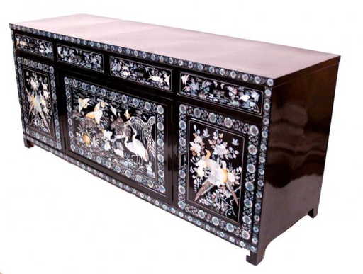 386 Vintage Korean Lacquer Mother Of Pearl Cabinet
