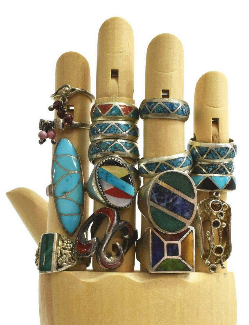 (17) NATIVE AMERICAN & SOUTHWEST STYLE RINGS: (lot of 17) Native American and Southwest style silver (content unknown) and sterling rings, (four) marked 925 MEXICO, some set with turquoise, chip inlay, others having beads, sizes range from approx