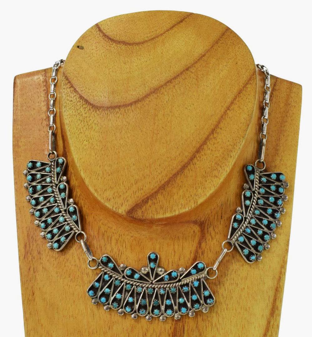 NATIVE AMERICAN ZUNI SILVER & TURQUOISE NECKLACE: Native American silver (content unknown) necklace, signed Earnest Keenoh, Zuni, New Mexico, three sections set with small turquoise cabochons, oval link chain, approx 18.5"l, 50.5 grams (inclusive of 