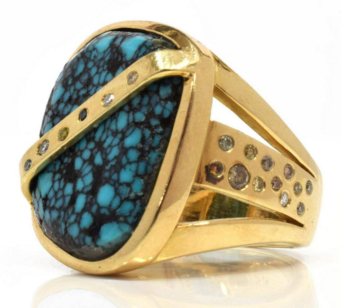 NATIVE AMERICAN 14KT GOLD TURQUOISE DIAMOND RING: Gents Native American 14kt yellow gold ring, spider web turquoise (stabilized) cabochon, approx 0.45cttw including colored and artificially colored diamond set shoulders, approx size 11.25, 25 grams (