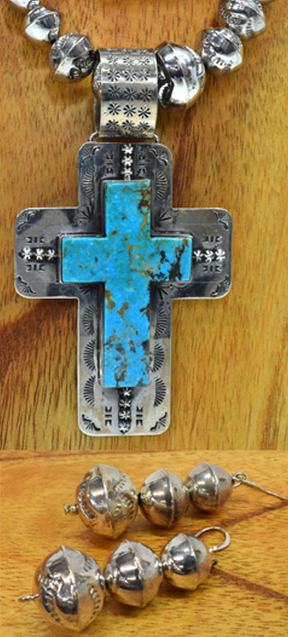 DAN DODSON SANTA FE CROSS NECKLACE & EARRINGS: (lot) Southwest silver jewelry, including: (1) sterling silver necklace, Dan Dodson (Santa Fe, 20th c.), large pendant with cross-form bezel-set turquoise and stampwork, on an assembled, graduated ben