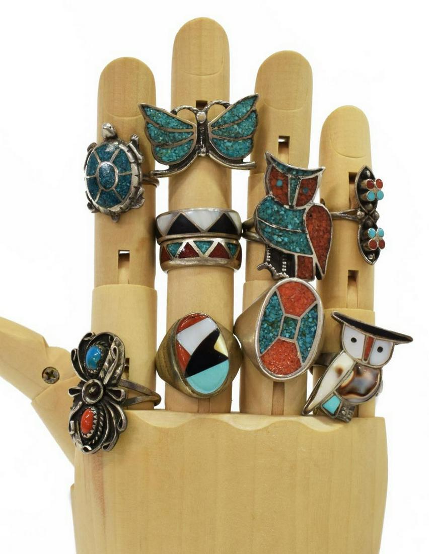 (10) SOUTHWEST SILVER, TURQUOISE, CORAL RINGS: (lot of 10) Native American and Southwest silver (content unknown) rings, including: (8) with inlaid turquoise, red coral, shell, and mother of pearl, (1) having two bezel-set central turquoise and re