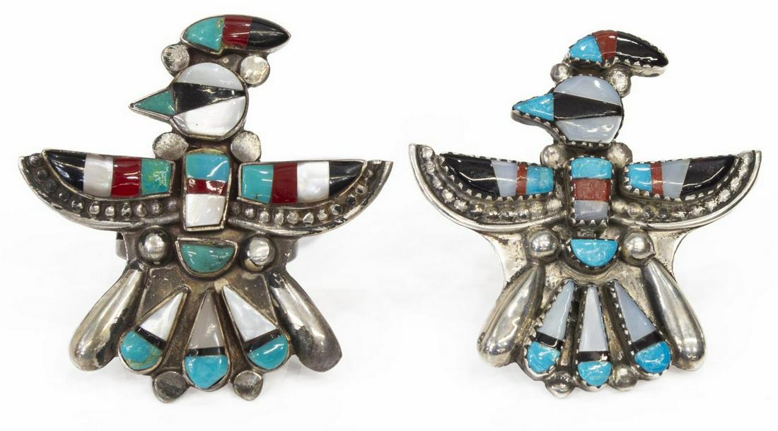 (2) NATIVE AMERICAN ZUNI INLAY THUNDERBIRD RINGS: (lot of 2) Native American Zuni silver (content unknown) thunderbird rings, multi stone inlay with turquoise, red coral, mother of pearl, and jet, including: (1) signed G. Vacit (Gary Vacit), approx s