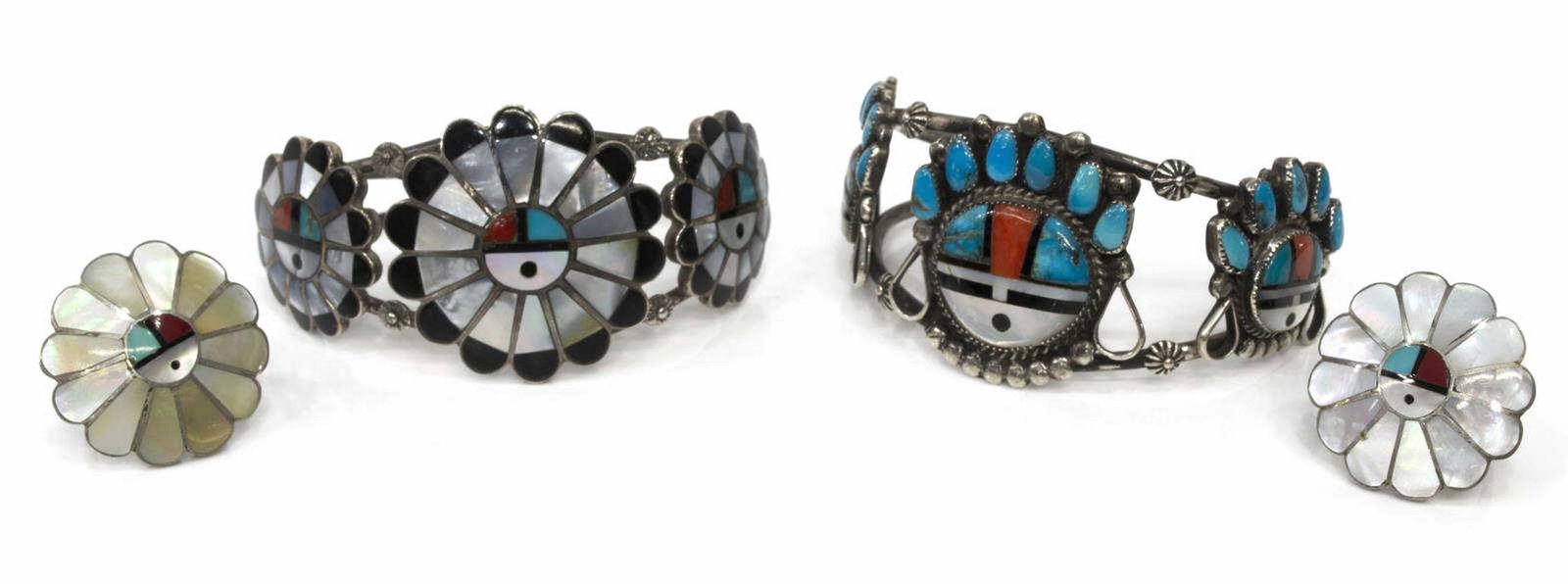 (4) ZUNI A. GASPER & OTHER SUN FACE RINGS & CUFFS: (lot of 4) Native American Zuni silver (content unknown) cuff bracelets and rings, multi stone inlay with mother of pearl, turquoise, and red coral sun faces, comprising: (2) rings, singed A. Gasper (