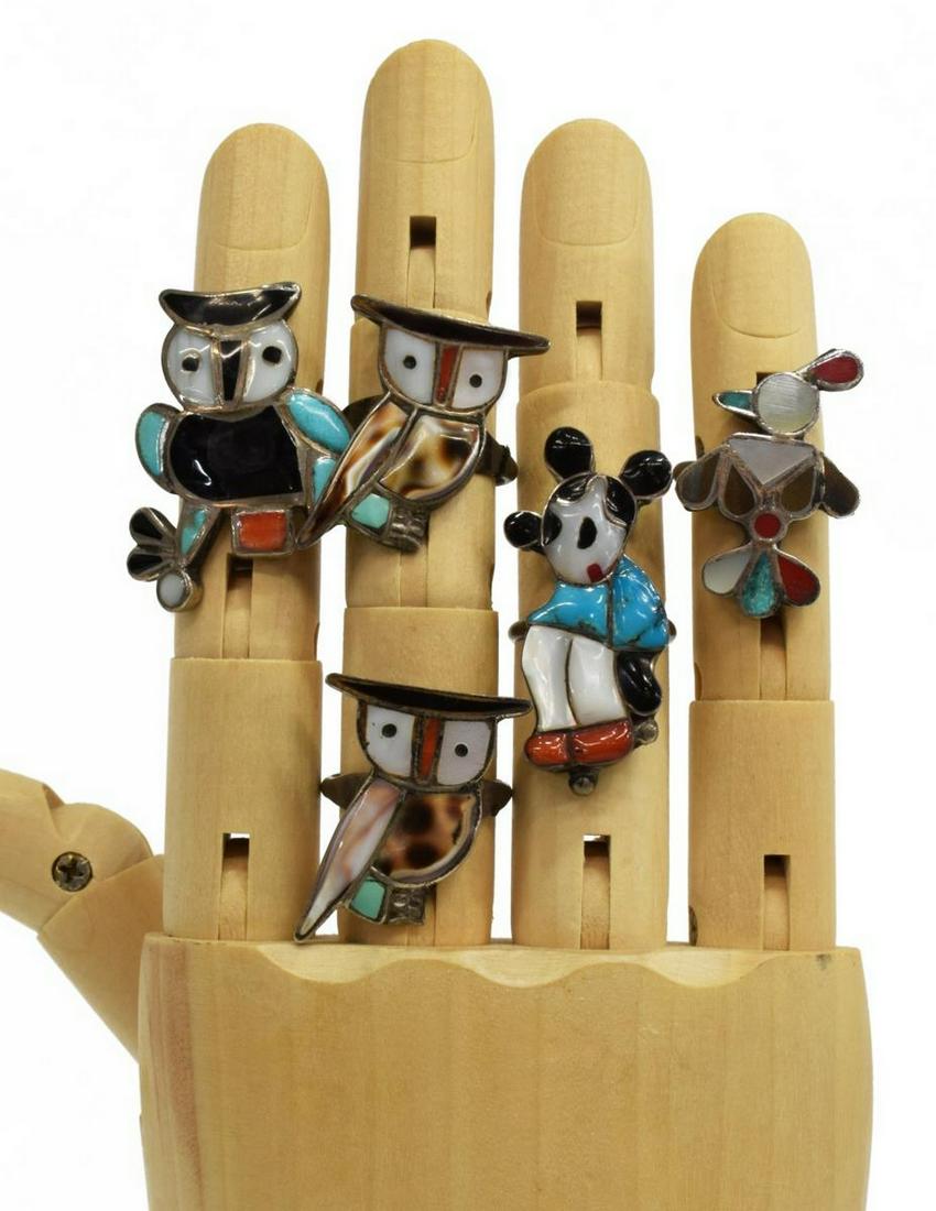 (5) ZUNI MULTI STONE INLAY OWLS, THUNDERBIRD RINGS: (lot of 5) Native American Zuni silver (content unknown) multi stone inlay rings, including: (1) Mickey Mouse, approx size 6.25, (1) thunderbird, approx size 5, (2) owls, approx size 8.5, (1) owl, app