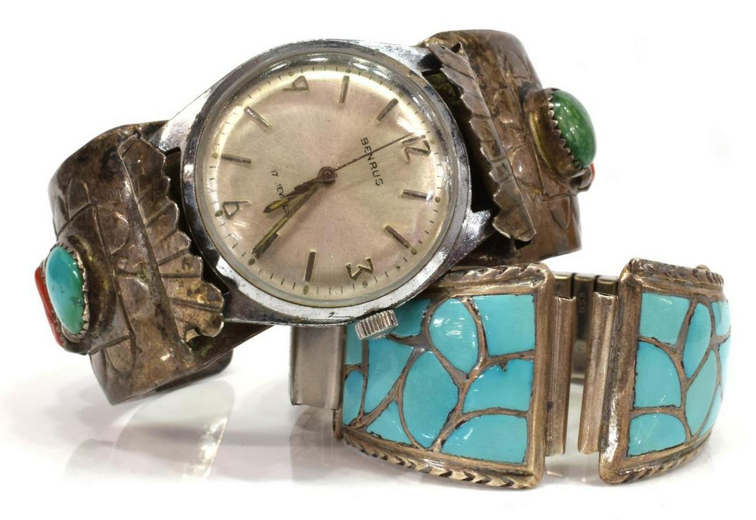 (2) WATCH CUFF & FRANCIS LEEKYA ZUNI WATCH STRAP: (lot of 2) Native American silver (content unknown) watch bracelets, including: (1) watch strap, Francis Leekya (Zuni, 1928-2003), tips with channel inlaid turquoise, approx 6"l (unstretched), (1) cuf