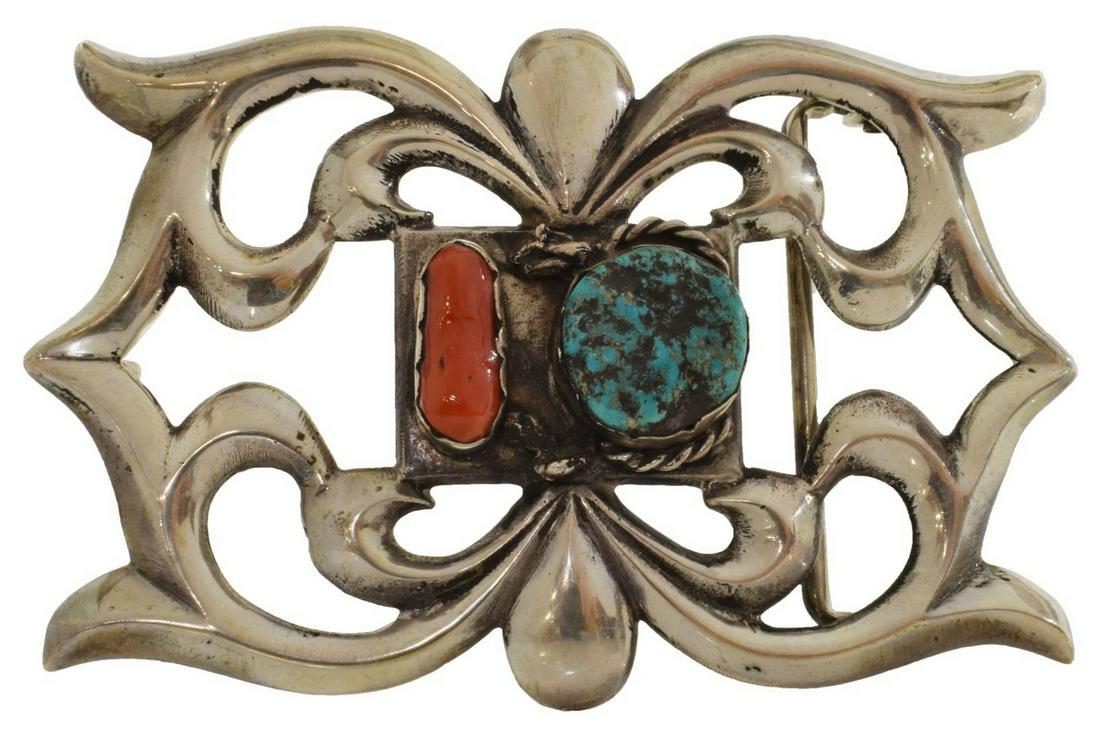 NAVAJO MB SILVER TURQUOISE & CORAL BELT BUCKLE: Native American silver (content unknown) belt buckle, likely Navajo, signed MB, open form with bezel-set turquoise and red coral, approx 2 3/8"h, 3.75"w, 72 grams (inclusive of all materials)**Provena