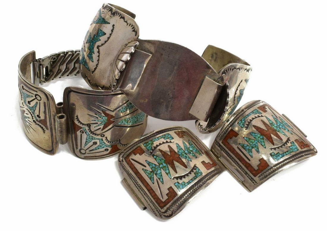 4)NAVAJO SILVER TURQUOISE INLAY WATCH BANDS & TIPS: (lot of 4) Native American Navajo silver (content unknown) jewelry, with stampwork and inlaid turquoise, comprising: (3) hallmarked SD (William Singer, Navajo, b.1935), including (one) watch bracelet,