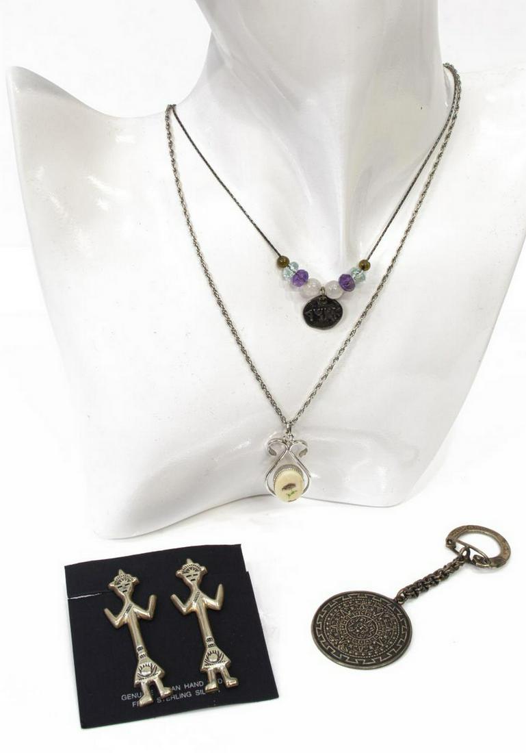 (LOT) STERLING SILVER JEWELRY, YEI EARRINGS: (lot) Sterling silver jewelry, highlights include: (pair) Native American Yei figure earrings, post backs, approx 2"l, (1) Mayan calendar key chain, Mexico; 32.4 grams total (inclusive of all material