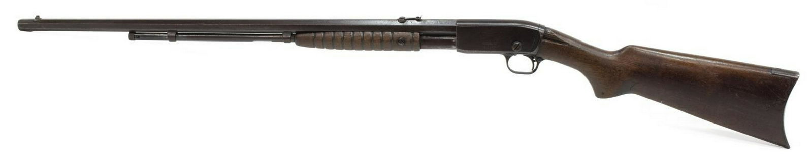 REMINGTON MODEL 12 PUMP .22 RIFLE: Remington Model 12 slide action rifle, .22 SLLR caliber, tubular magazine, 24" octagonal barrel, ribbed fore stock, hardwood rear stock with chip, SN 811XXX *REQUIRES FFL TRANSFER* Start Price: $100.0