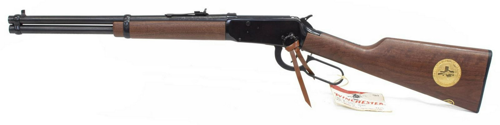 WINCHESTER M94 TRAPPER CARBINE .44 MAG CAL., HGCA: Winchester Model 94 Trapper Carbine, .44 Rem Mag caliber, 16" barrel, lever action, nine round tubular magazine, left receiver with saddle ring, walnut stock inset at one side with disc marked "Housto