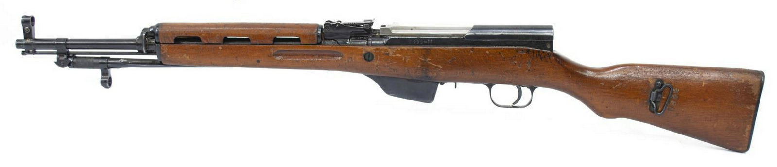 RUSSIAN SKS RIFLE & BAYONET: Russian SKS rifle, semi-automatic, 7.62mm caliber, 20" barrel, hooded front sight, folding bayonet, four matched serial numbers, bolt will not retract, substantial cosmoline, SN 03XX-77 *REQUIRES FFL 
