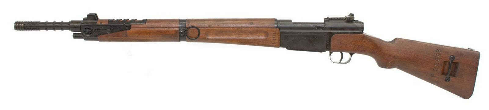 FRENCH MAS 36/51 RIFLE, GRENADE LAUNCHER BARREL: French Mas rifle, Model 1936-51, 7.5mm, bolt action, 24.75" strengthened barrel with .22 NATO grenade launcher, adjustable rear sight, sling swivel on barrel band and rear stock, four matched serial n