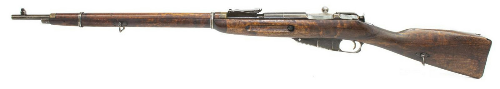 RUSSIAN MOSIN NAGANT RIFLE, M 91/30, 1938: Russian Mosin Nagant rifle, Model 91/30, 7.62mm caliber, bolt action, 28.5" barrel, bayonet lug, dragoon blade front sight, adjustable rear sight, hexagon receiver, receiver ring with Soviet hammer an