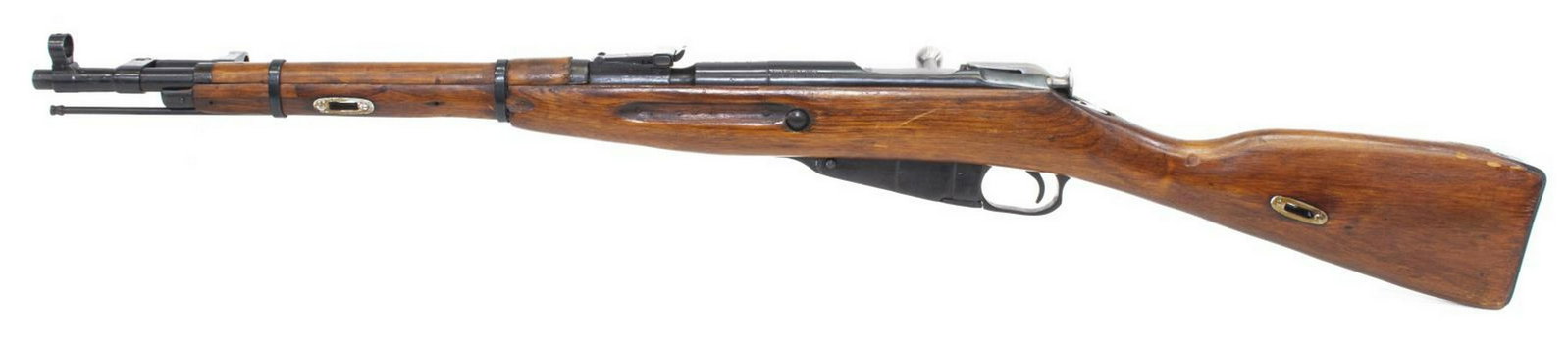 RUSSIAN MOSIN NAGANT M 1944, MOUNTED BAYONET: Russian Mosin Nagant Model 44 Carbine, 7.62 mm caliber, bolt action, 20" barrel, hooded front sight, folding bayonet, adjustable rear sight, Izhevsk arsenal mark at receiver ring with 1944 date, CAI i