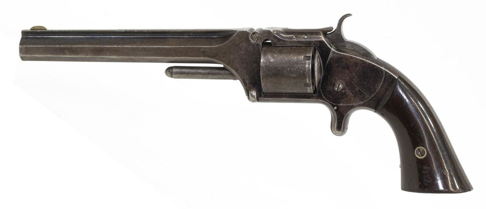 SMITH & WESSON NO. 2 ARMY .32RFL REVOLVER: Smith & Wesson Model No. 2 revolver (Model No. 2 Army), .32 rimfire long caliber, six round smooth cylinder, 6" octagonal tip up barrel marked at the top on a single line "Smith & Wesson, Springfield,