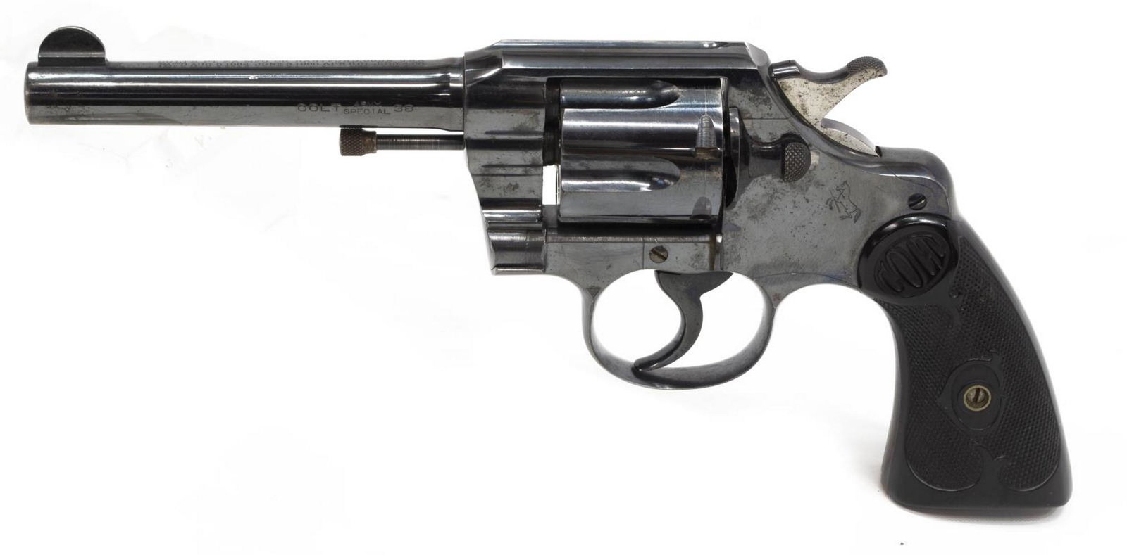 COLT ARMY SPECIAL DA REVOLVER, .38 CAL, MFG 1915: Colt Army Special revolver, double action, .38 caliber, six-round cylinder, six inch barrel with two line address and last patent date July 4, 1905, Rampant Colt at left frame, Colt black rubber grips