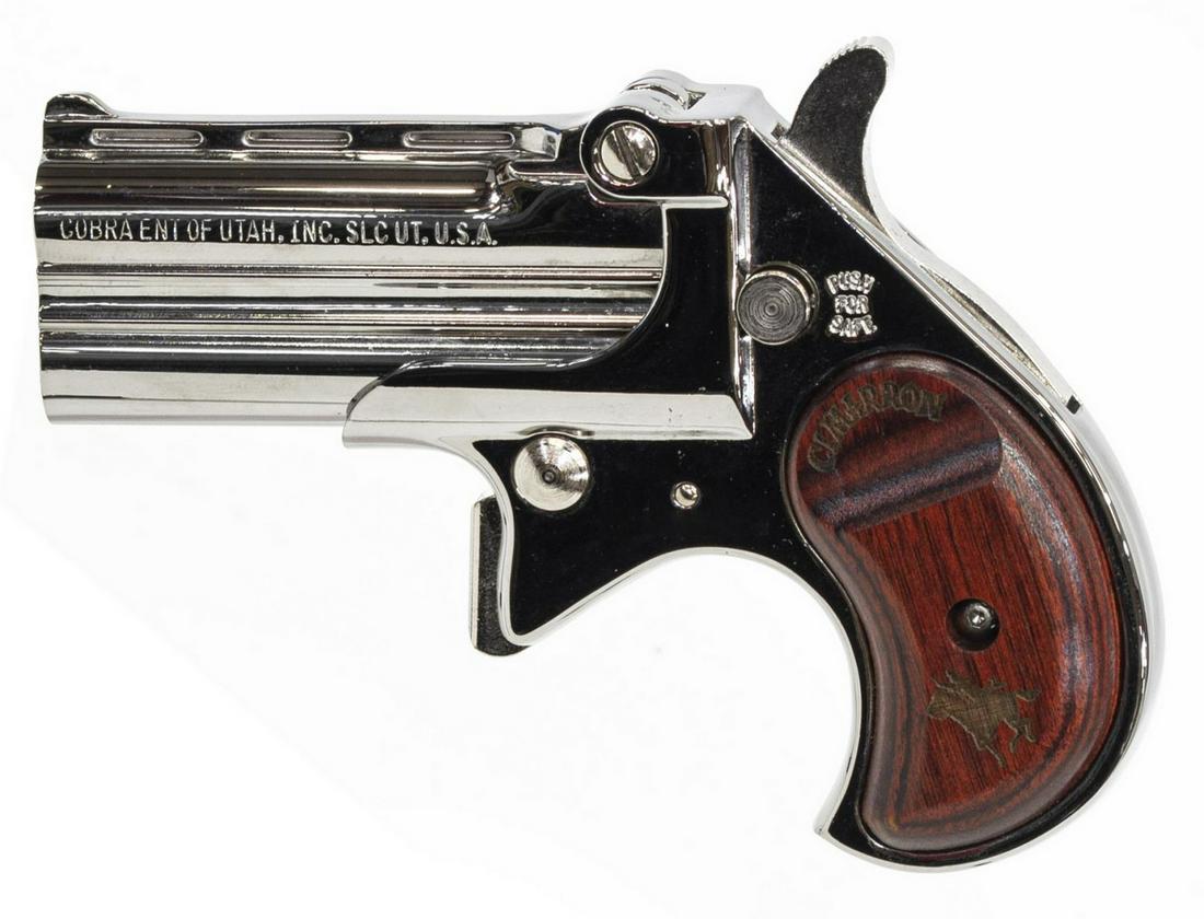 COBRA CIMARRON DERRINGER 32H&R MAG && .38SPL: Cobra Firearms Model CB32 Cimarron Derringer, two sets of 2.75" over/under barrels in 32H&R magnum caliber and .38 Special caliber, nickel finish, wood grips, appears as not fired, Cimarron hard case,