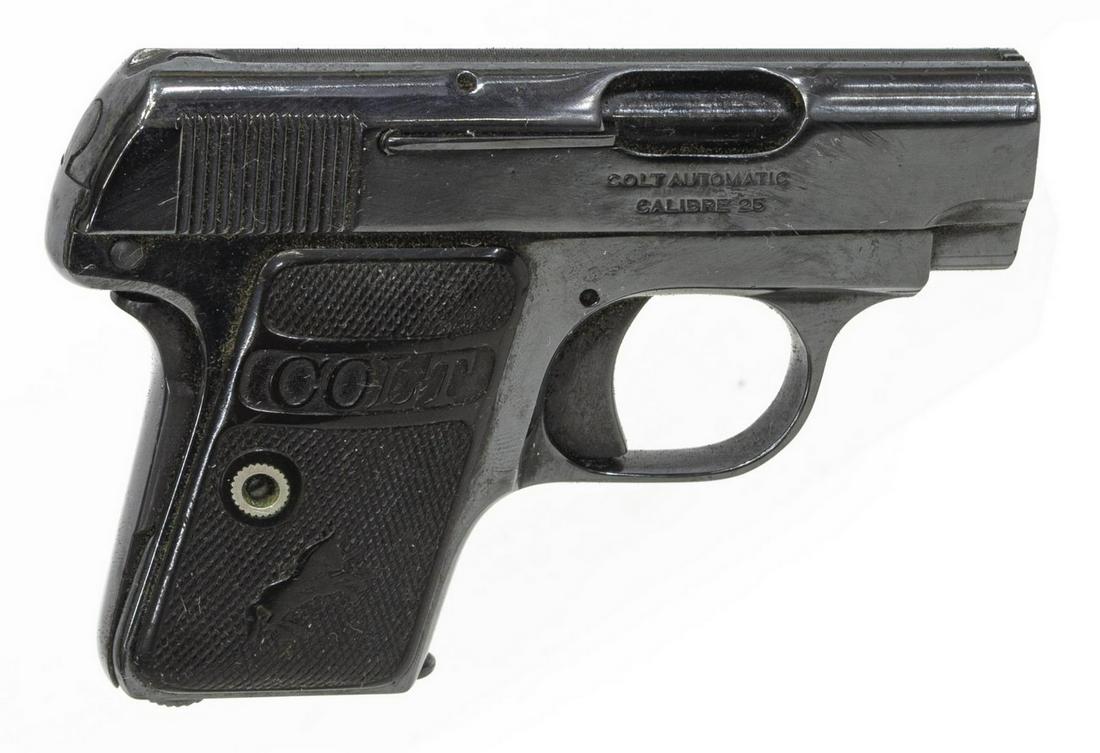 COLT M1908 HAMMERLESS VEST PISTOL, .25 CALIBER: Colt Model 1908 Hammerless Vest pistol, .25 caliber, 2" barrel, six round detachable magazine, left slide with two-line address, last patent date 1910, Colt grips, mfg. 1919, SN 210XXX *REQUIRES FFL T