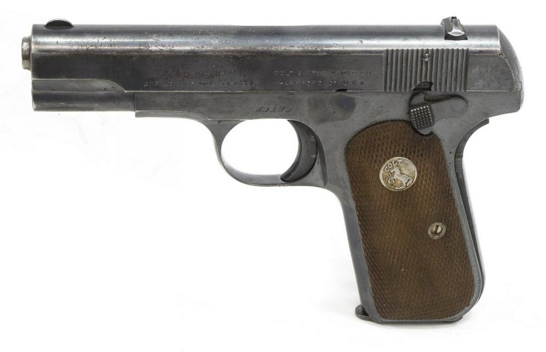 COLT MODEL 1903 POCKET HAMMERLESS PISTOL, .380: Colt Model 1903 Hammerless 380 Pocket Automatic Pistol, .380 caliber, 4" barrel, Colt eight round magazine, marked at right slide on two lines Colt Automatic, Calibre .380 Hammerless, 1897 and 1903 pa