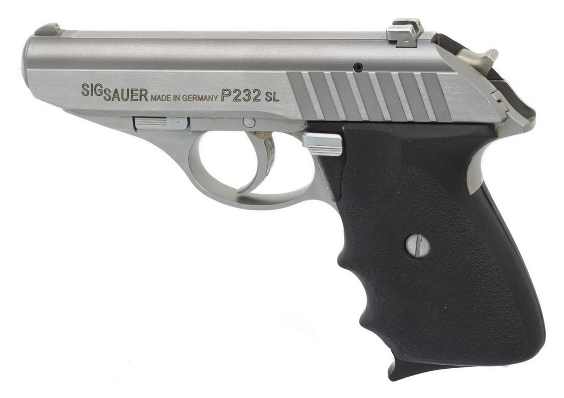 SIG SAUER M P232/SL 9MM AUTO LOAD PISTOL: Sig Sauer Model P232/SL pistol, 9mmS caliber, double action auto load, 3.6" barrel, seven round detachable magazine, stainless steel frame, black composite grips, spare magazine, hard plastic case, ow