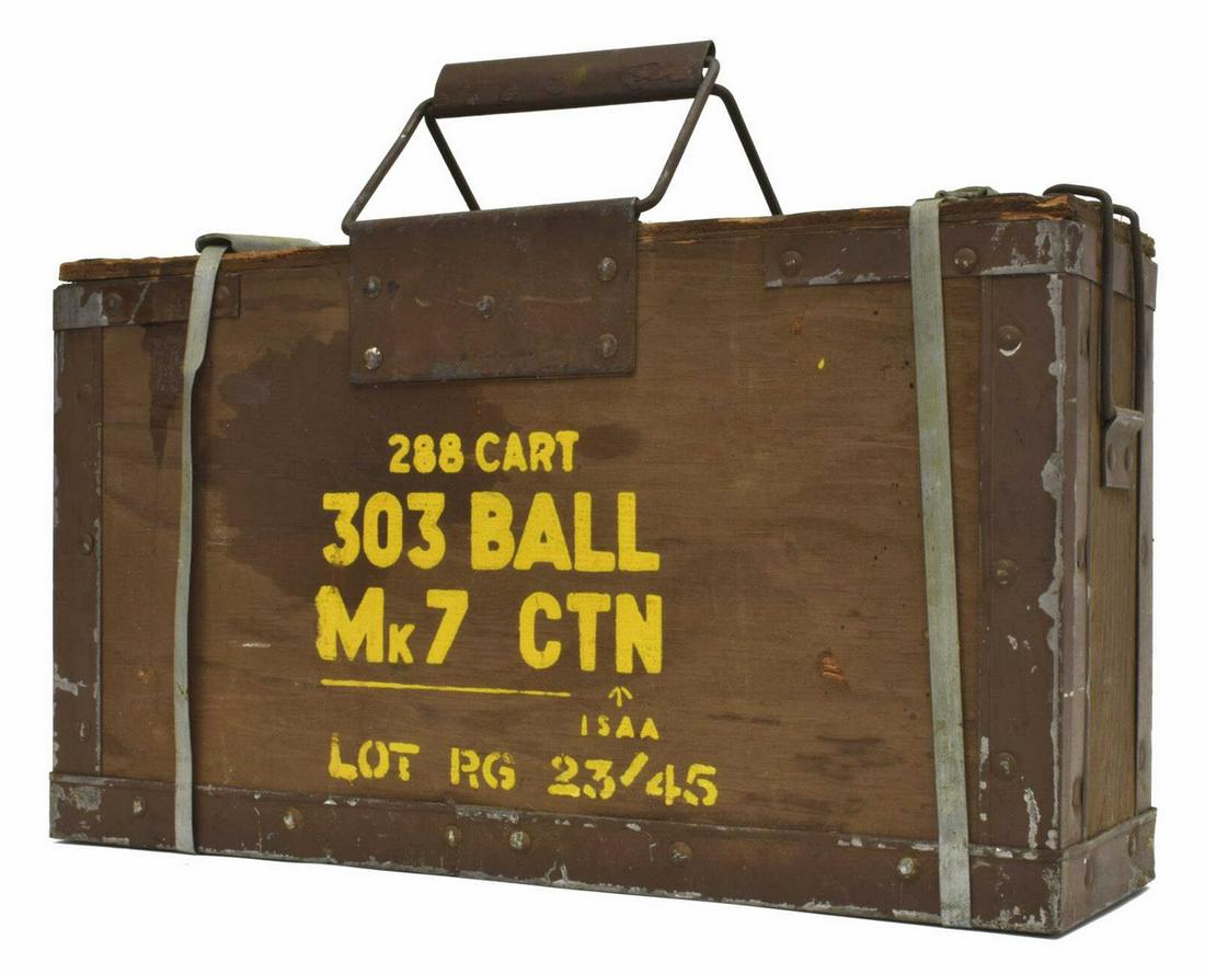 (288 RNDS) BRITISH .303 CASED AMMUNITIOIN: (288 rounds) British .303 ammunition, unopened wood case marked "288 Cart, 303 Ball, Mk7 Ctn, ISAA, Lot Rg 23/45," metal handle and straps, case: approx 9"h, 16"w, 4.5"d, 27lbs *MUST BE PICKED UP IN P
