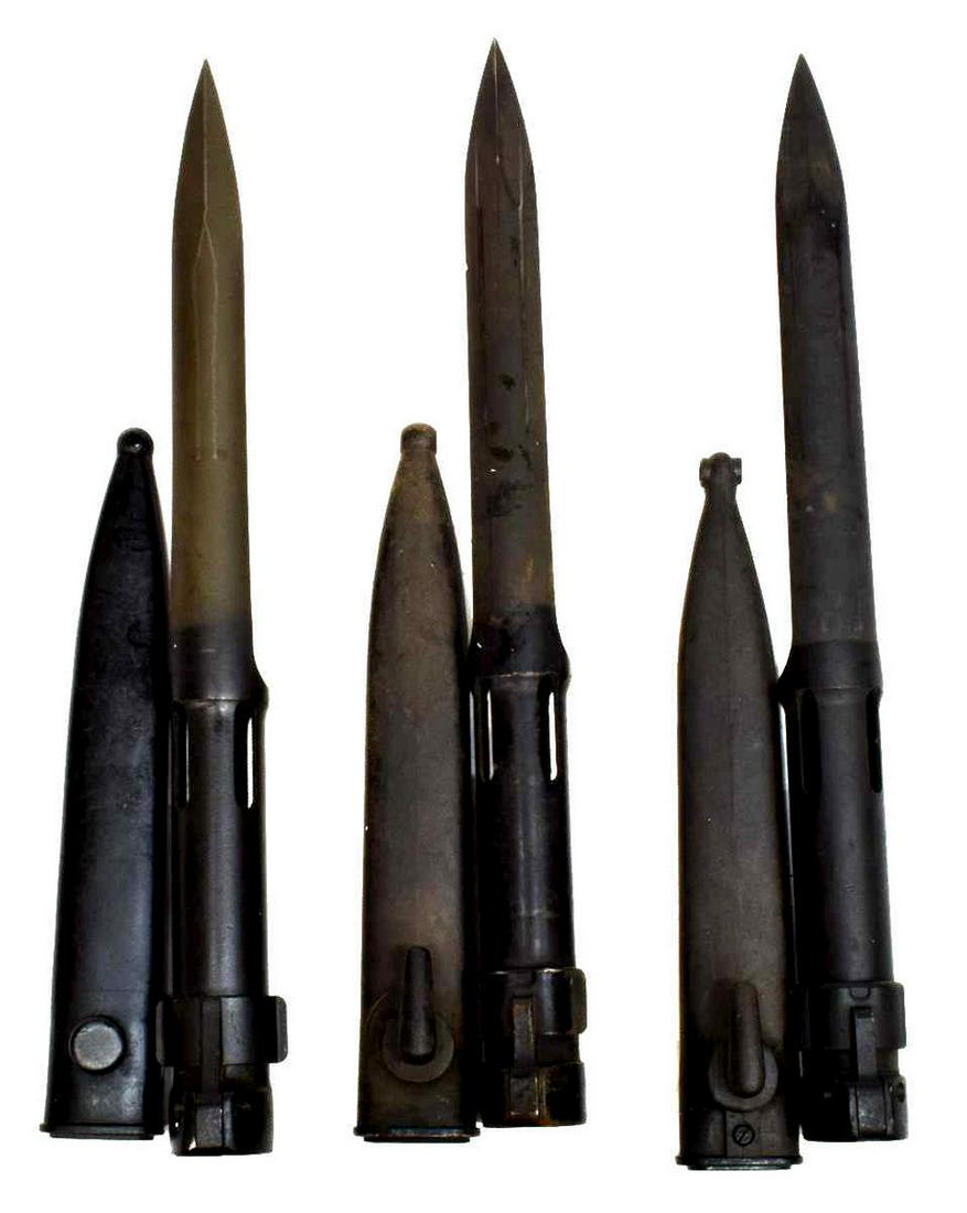 (3) BELGIUM FAL TYPE C BAYONETS: (lot of 3) Belgium FAL Type C bayonets for use on the FAL Automatic rifle, overall with scabbard: approx 12.5"l; 4lbs total Start Price: $80.00