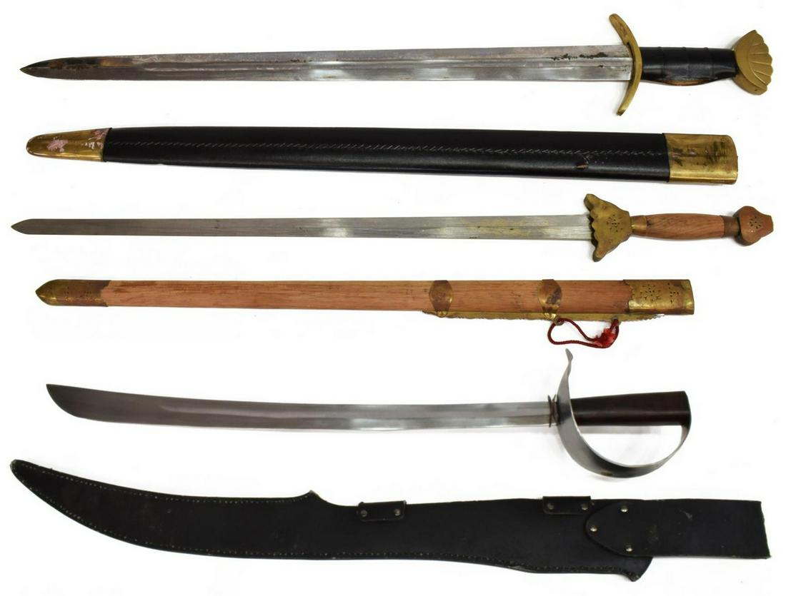 (3) FANTASY SWORDS: (lot of 3) Contemporary swords, including: (1) cutlass style sword, 16.25" blade, wood handle, housed in Kit Tae black leather scabbard, overall: 37"l; (1) India made Viking sword with scabbard, rust,